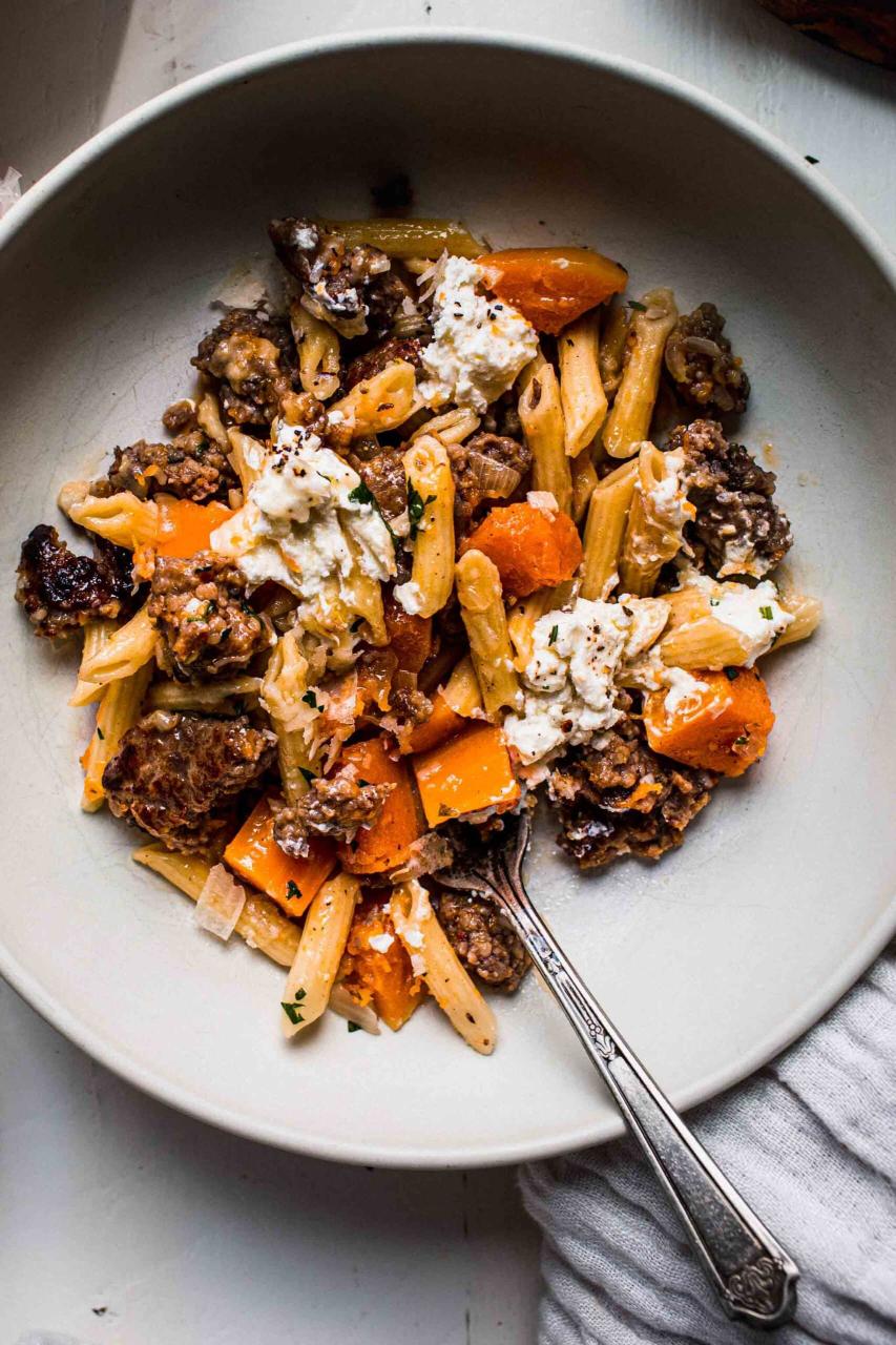 Butternut Squash Goat Cheese Pasta with Sausage